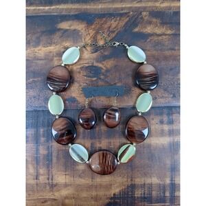 Chunky Statement Necklace &‎ Matching Pendant Earrings Brown & Gold